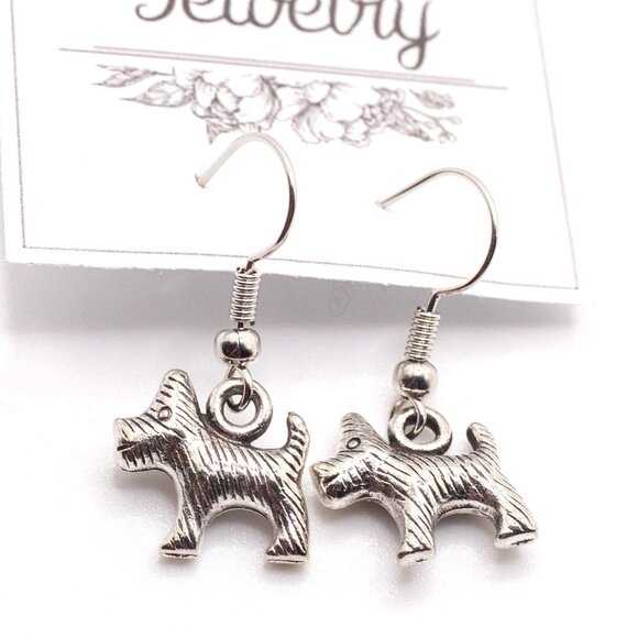 Handmade Silvertone Scotty Scottish Terrier Dog Dangle Earrings, New - Picture 1 of 2